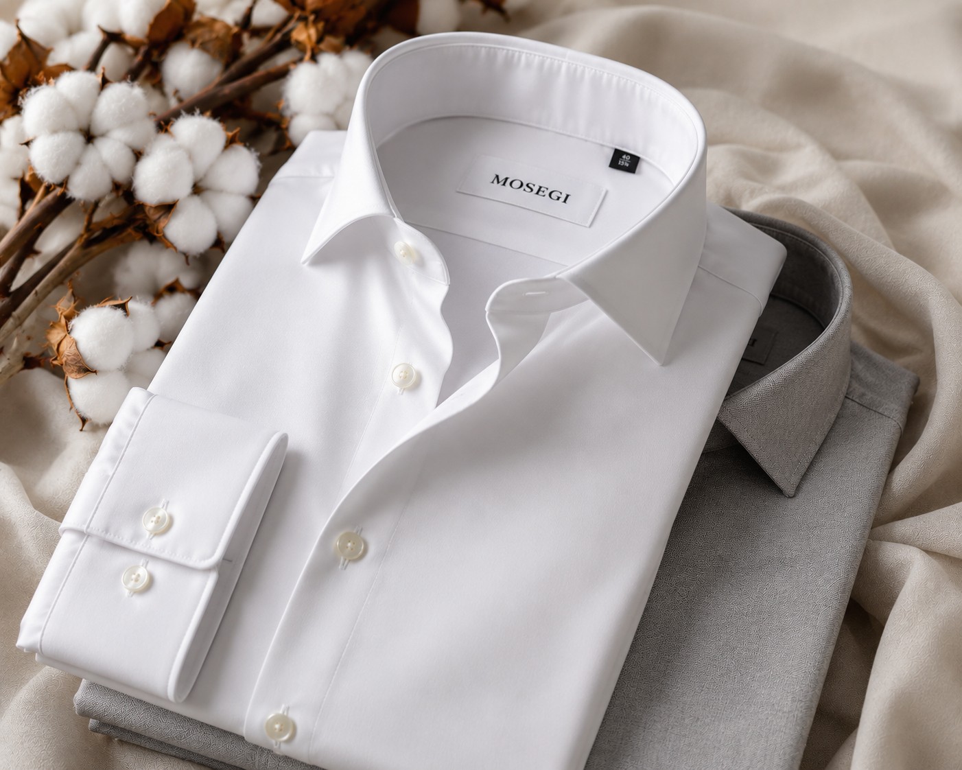 A folded white M&H Egyptian cotton shirt