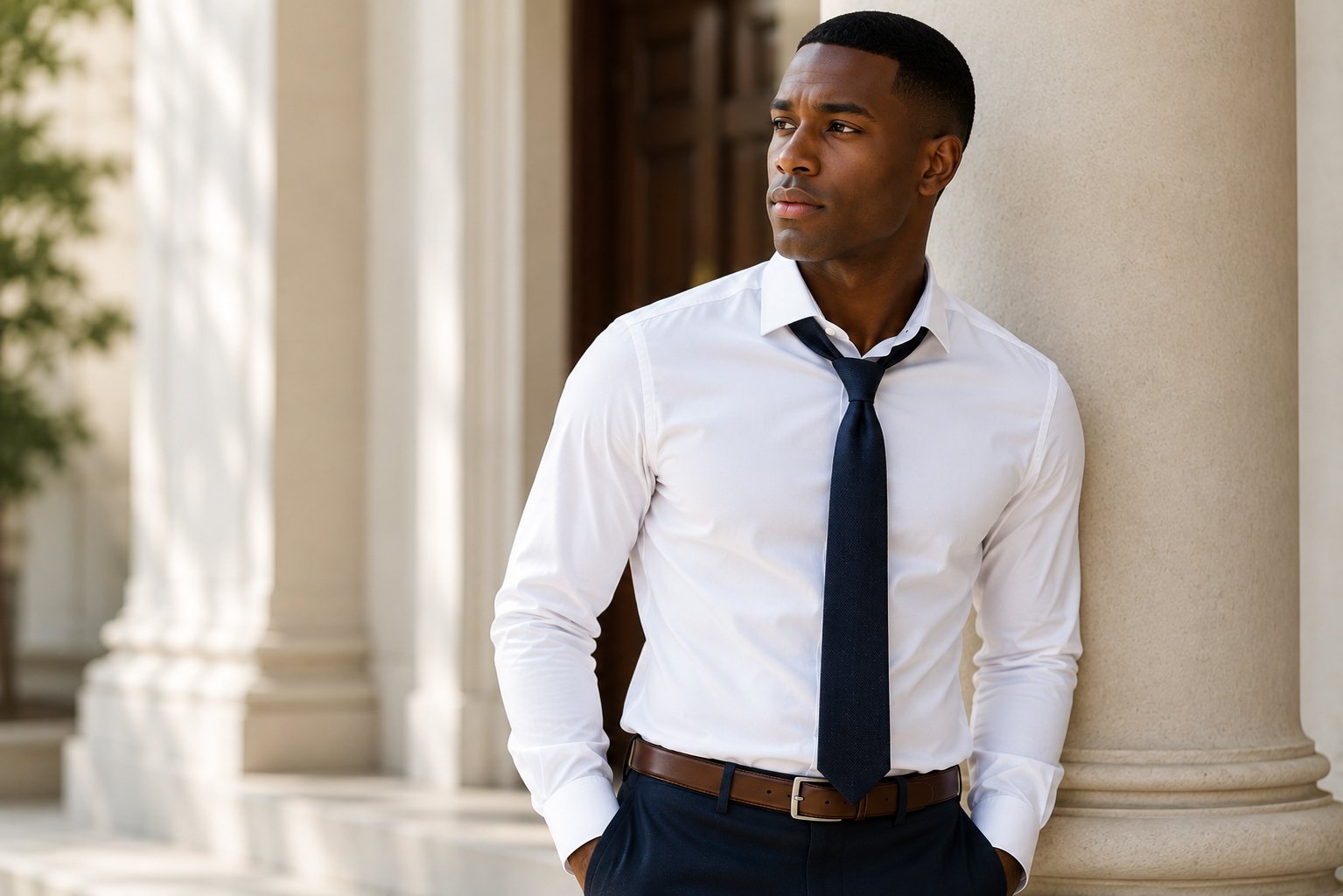 A man in a white M&H shirt among stone columns